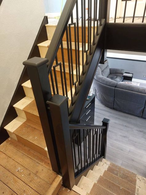 Black Painted Solid Oak Staircase With Iron Box Spindles | The Stair Shop Staircase Black Spindles, Black And Wood Staircase, Black Metal Spindles Staircase, Oak Stairs Black Spindles, Metal Spindles Staircase, Black Metal Spindles, Oak Stairs With Iron Spindles, Iron Spindles, Black Staircase