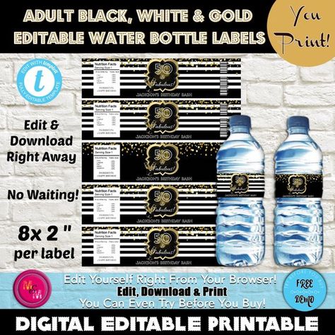 Editable Black, White & Gold Birthday Party Water Bottle Labels, Adult Party Water Bottle Wrappers, Black and White Party, New Years Party Black White Gold Birthday, Superhero Water Bottle Labels Free, Diy Party Favor Boxes, 50th Birthday Water Bottle Labels, Safari Water Bottle Labels, Black And Gold Water Bottle Labels, Pirate Water Bottle Labels Free, Diy Treat Bag, Printable Gift Bags