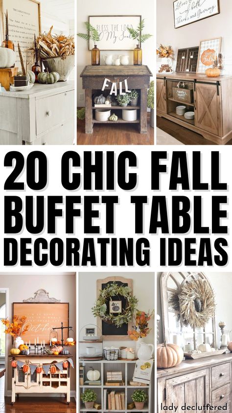 20 Chic Fall Buffet Table Decorating Ideas How To Decorate A Kitchen Buffet, Decorative Buffet Table Ideas, Breakfast Room Buffet Decor, Candles On Buffet Table, Fall Decor Ideas For The Home Dining Table, Dining Room With Two Buffets, Buffet Table Ideas Decor With Lamps, Top Of Buffet Decor Ideas, Buffet Top Decor Ideas