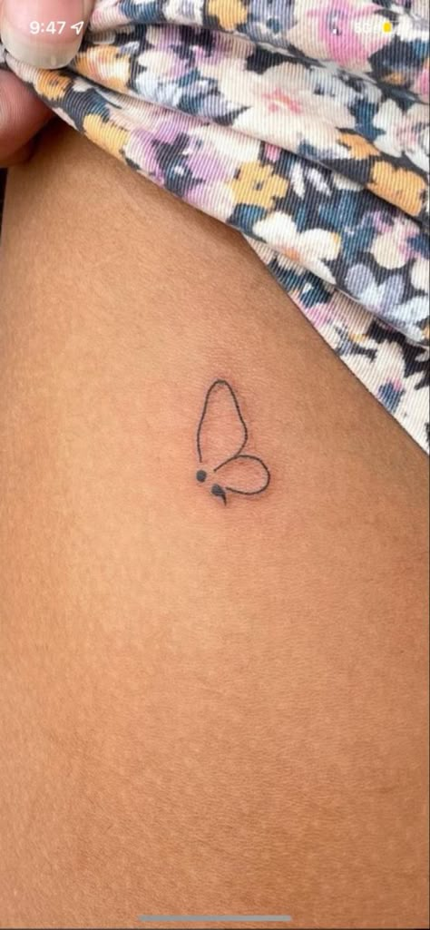 Cute Minimilastic Tattoos, Tiny Tattoo With Meaning, Tatoos Meaningful Mental Health, Color Bone Tattoos For Women Unique, Passed Mom Tattoos, Minimalist Butterfly Semicolon Tattoo, Dainty Butterfly Semicolon Tattoo, Tiny Girly Tattoos, Butterfly Tattoo Over Scar