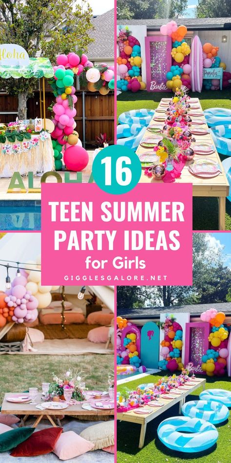 Pool Party with Balloons. With Text Reading: 16 Fun Teen Party Ideas. Fun Backyard Birthday Party Ideas, Backyard Party Ideas For Teens, Teen Summer Birthday Ideas, Pool Party Teen Ideas, Fun Summer Birthday Party Ideas, Pool Party Themes For Teens, Pool Party Sleepover Ideas, Beach Theme Birthday Party For Teens, Girls Summer Birthday Party Ideas