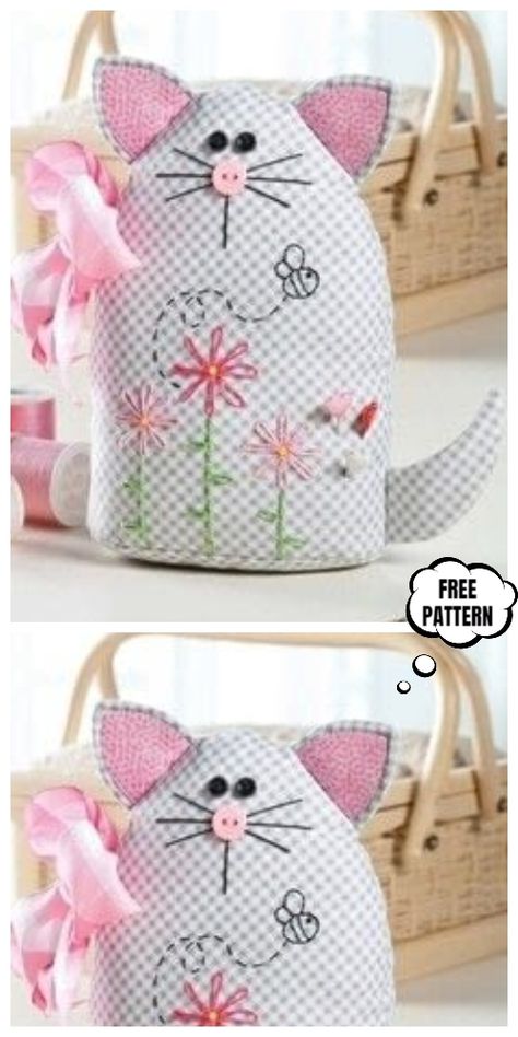 DIY Kitty Cat Pincushion Free Sewing Patterns & Tutorials Cat Pin Cushions Patterns Free, Pincushions To Make, Embroidery Designs By Hand, Diy Pin Cushion, Small Crafts, Pin Cushions Patterns, Sew Projects, Sweet Kitty, Sewing Pillows