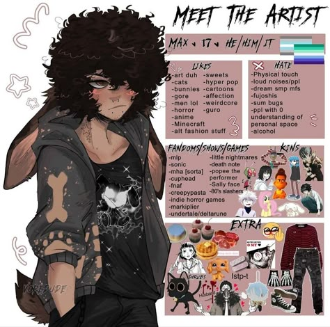 Lgbtq Character Design, Enby Oc Art, Meet The Artist Poses, Alt Oc Drawings, Meet The Oc Drawing, Give Me Six Characters, Sketchbook Ideas Alt, Meet The Artist Sketchbook, Oc Introduction Drawing