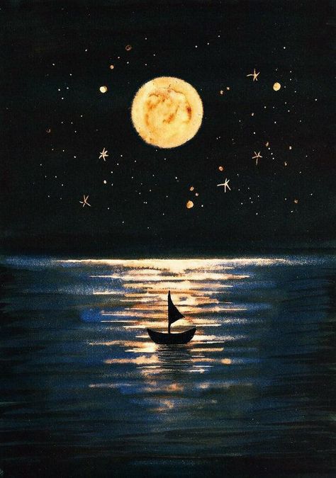 Moonlight On Water Painting, Moon And Ocean Drawing, Boat Drawing Aesthetic, Moon On Water Painting, Moon Water Painting, Moon And Ocean Painting, Moon Over Water Painting, Boat On Water Drawing, Night Drawing Moonlight