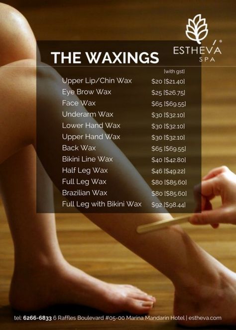 While at ESTHEVA Spa in Singapore you can also get your waxing done by our professional waxing specialists in the privacy and comfort of our luxury day spa in Marina Mandarin Singapore. #waxing #waxingsingapore #facial #facial #spa Waxing Prices List, Wax Spa Ideas, Waxing Price List Ideas, Waxing Special Ideas, Waxing Station Ideas At Home, Wax Bar Salon Ideas, Mobile Waxing Service, Spa Menu Ideas Price List, Waxing Salon Decor