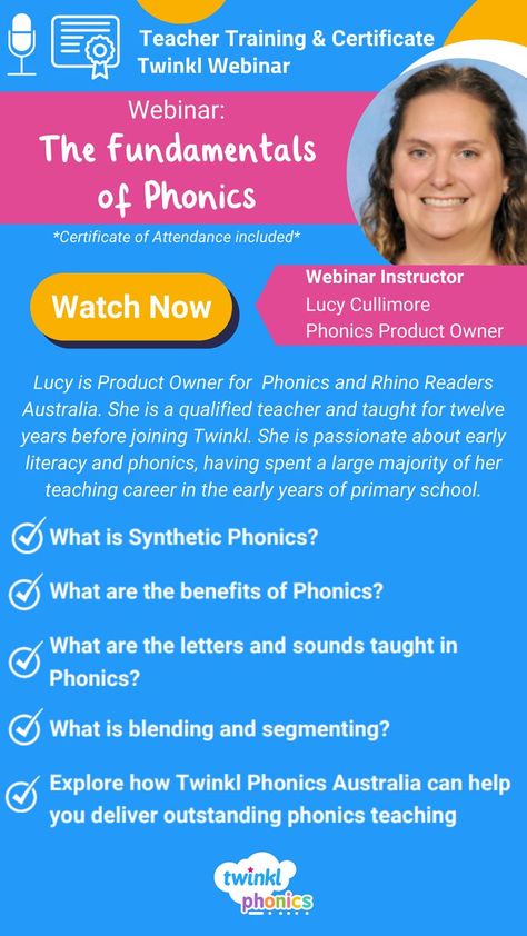 We begin by gaining a deeper understanding of what a systematic, synthetic phonics programme encompasses and learn some key terminology to support your teaching. You will also be guided through the Twinkl Phonics Australia programme and how it can help you deliver outstanding phonics teaching, as well as be taken through a sample lesson so you can experience the learning for yourself. 📜 Certificate of Attendance included #TheDecodableDreamTeam #phonics #teacherhacks #teachersofpinterest Synthetic Phonics Activities, Th Phonics, Rwi Phonics Organisation, Ow Phonics Story, Synthetic Phonics, Training Certificate, Phonics Programs, Teaching Career, Counting Activities