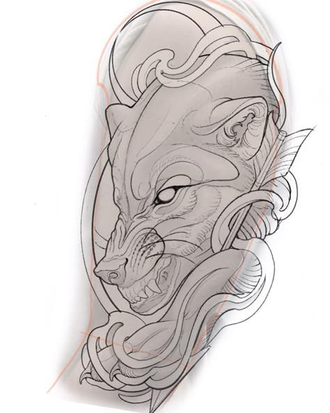 Illustrative Lion Tattoo, Neotraditional Wolf Tattoo Design, Wolf Neo Traditional Tattoo, Roman Wolf Tattoo, Neo Trad Animals, Neo Traditional Wolf Tattoo Design, Neo Traditional Animals, Panther Head Drawing, Neo Trad Wolf