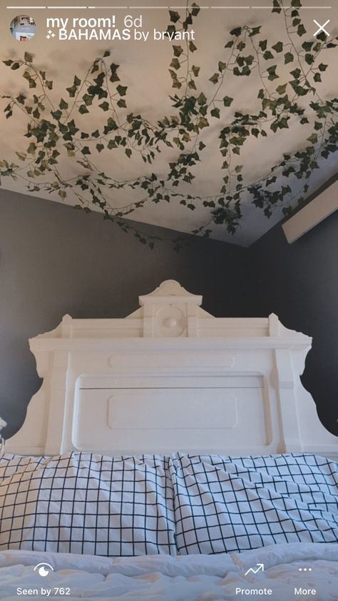 Hanging vines in bedroom ceiling Bedroom Ceiling Design Aesthetic, Vines From The Ceiling, Bedroom Ceiling Vines, Vines Across Ceiling, Room Decor Vines On Ceiling, Vines Above Bed On Ceiling, Room With Vines On Ceiling, Vine On Ceiling Bedroom, Vines From Ceiling Bedroom