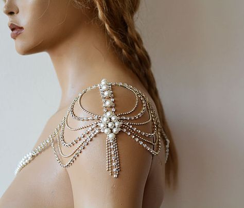 Wedding Dress Shoulder Wedding Dress Accessory Bridal by ADbrdal Over a simple strapless dress? Enchanting. Crystal Wedding Dress, Shoulder Wedding Dress, Shoulder Jewelry, Shoulder Necklace, Anna Campbell, Bridal Accessory, Body Chains, Wedding Accessory, Wedding Dress Accessories