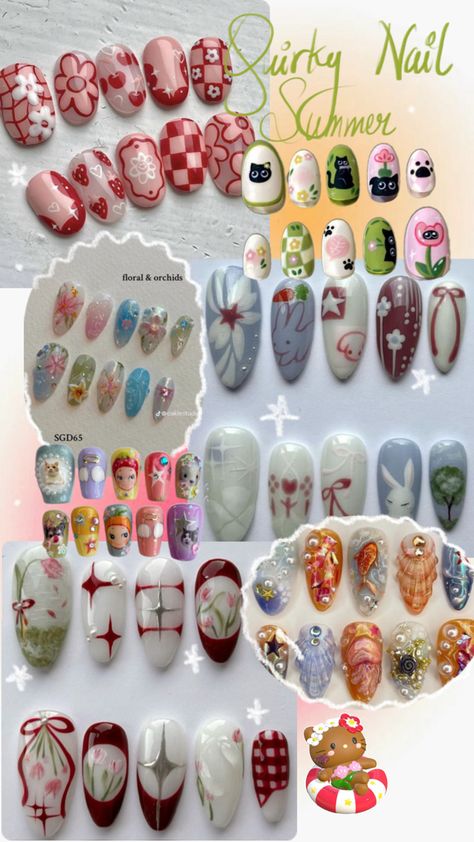 Nail art, nail extensions, press ons, nail inspo, gel nails, summer nails, nail inspo, bows, bow aesthetic, corals, mermaid, seashells, beach nails, red nails, chrome nails, strawberry matcha nails, checkered nails, summer ootd, feminine style, digital collage, insta aesthetic, bright colours, peachy, pinks, green, blues, cherry nails, bright colour palette Red Nails Chrome, Matcha Nails, Nails Checkered, Gel Nails Summer, Nails Strawberry, Aesthetic Bright, Nail Summer, Checkered Nails, Strawberry Matcha