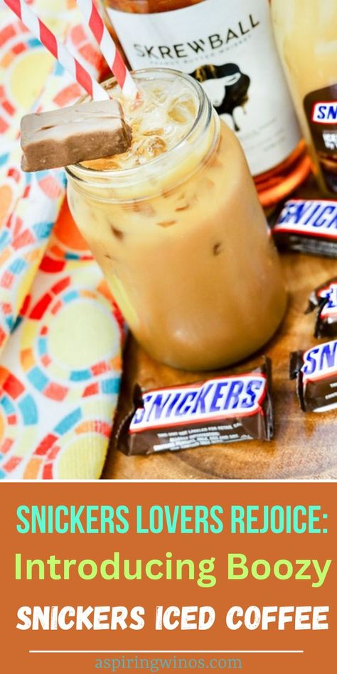 Snickers Lovers Rejoice: Introducing Boozy Snickers Iced Coffee | Snickers Iced Coffee Recipe | Whiskey Iced Coffee Recipe | Snickers Chocolate Bar Recipe | Boozy Snickers Iced Coffee Recipe #SnickersIcedCoffee #BoozyIcedCoffee #SnickersLovers #WhiskeyIcedCoffee #BoozyIcedCoffeeRecipe Snickers Iced Coffee, Snickers Chocolate Bar, Wine Cocktail Recipes, Chocolate Bar Recipe, Snickers Chocolate, Iced Coffee Recipe, Blog Success, Creative Cocktails, Hosting Dinner