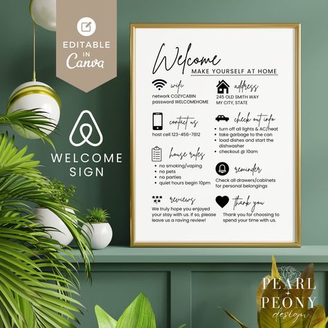 AIRBNB Willkommensschild Vorlage | VRBO Willkommensschild | Urlaub Mieten druckbare Zeichen | Gast Ankommen Poster | Bearbeitbares Zeichen | Canva Vorlage Ideas For Airbnb, Airbnb House Rules, Vrbo Host, Instagram Banners, House Rules Sign, Airbnb Welcome Sign, Arrival Poster, Airbnb House, Wifi Sign