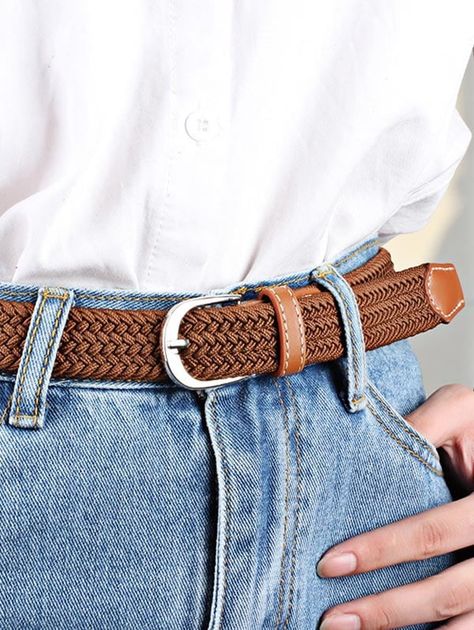 Braided Elastic Pin Buckle Canvas Belt  BLACK BROWN , #AD, #Pin, #Buckle, #Braided, #Elastic, #BLACK #Ad Belts Buckle, Elastic Jeans, Women Waist, Stretch Belt, Jean Belts, Braided Belt, Casual Belt, Blue Khakis, Casual Party