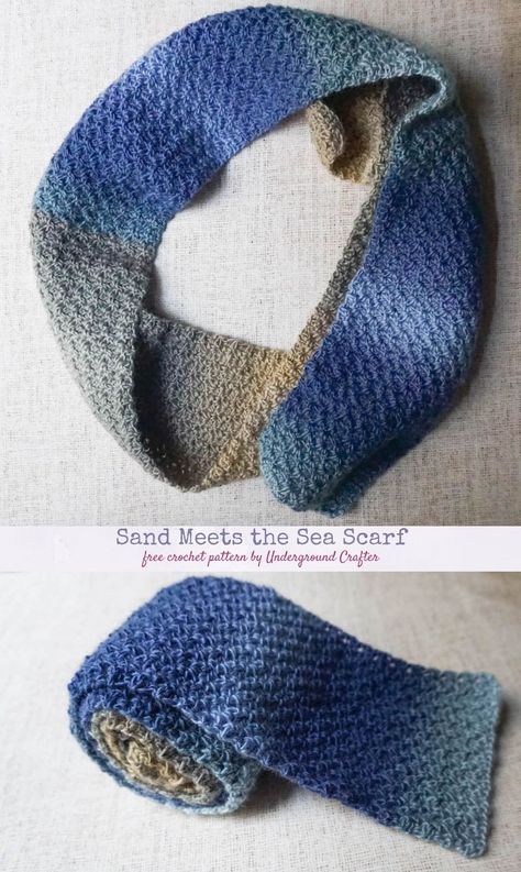 Free pattern: Sand Meets the Sea Scarf in King Cole Riot DK #yarn by Underground Crafter | This simple #crochet scarf pattern has wonderful drape. Use two different skeins of self-striping yarn for subtle color changes without a lot of ends to weave in. #undergroundcrafter #KingCole #KingColeCreations #KingCole #KingColeYarn #KingColeAmbassador #simplecrochetscarfpattern #scarfofthemonth Simple Crochet Scarf Pattern, Simple Crochet Scarf, Super Scarf, Crochet Flats, Crochet Scarf Pattern, Local Yarn Shop, Crochet Cowl Pattern, Crochet Scarf Pattern Free, Simple Crochet