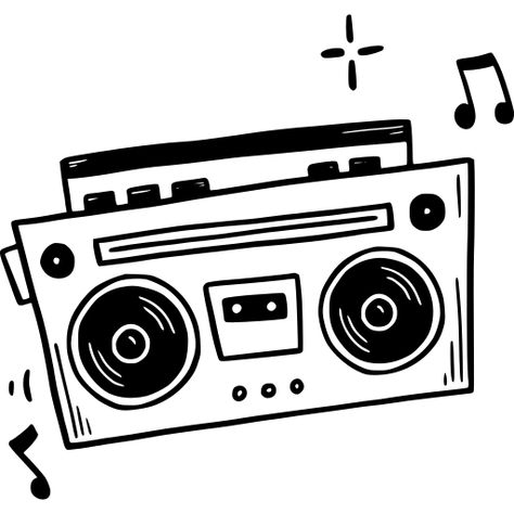 Cartoon Boombox Drawing, Boom Box Drawing, Boom Box Tattoo, Boombox Drawing, Record Drawing, Boombox Art, Bullet Journel, Box Sticker, Black And White Stickers