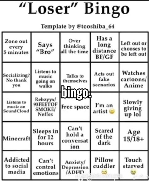 Infp Bingo, Loser Bingo, Bingo Funny, Funny Charts, Bingo Template, Infp T, Bingo Board, Would You Rather, Free Space