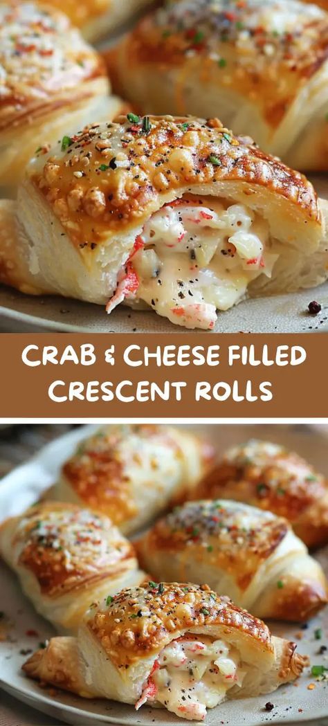 Crab & Cheese Filled Crescent Rolls Thanksgiving Crab Recipes, Party Food Crescent Rolls, Holiday Appetizers Cresent Rolls, Venison Stuffed Crescent Rolls, Crab In Crescent Rolls, Crab Filling Recipe, Pilsbury Cresent Roll Appetizers, Crab Meat Lunch Ideas, Seafood Tailgate Recipes