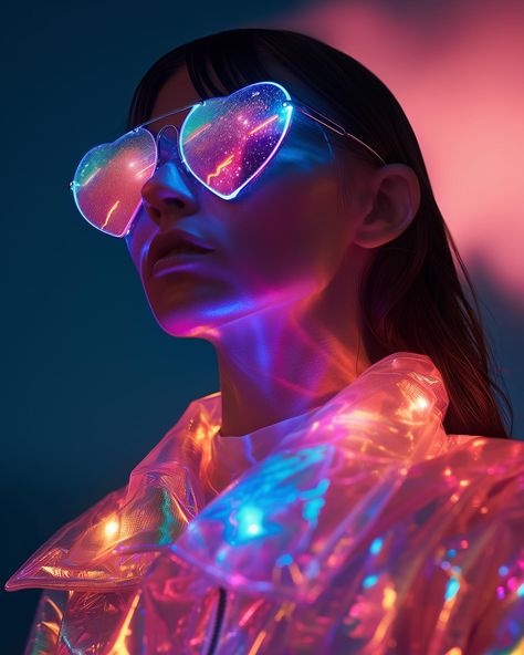 I wear my sunglasses at night ✨😎 Tonight, I bring you: matching sunglasses for my bioluminescent AI fashion collection 💖💖 Woop woop! These glasses are perfect to wear at night and to all your favorite festivals 🤩 You’ll be shining like no other! Rave on 😍 Which one is your favorite? I love the 💖 shaped ones!! Gimme gimme gimme 🛍️ Enjoy 😘 Marloes Disclaimer: This is AI > nothing is real / not for sale #sprinkleofai #aifashion #bioluminescent #bioluminescence #iridescent #holographic #s... Dj Rhea, Moth Cape, Rose Leather Jacket, Fallen Flowers, Neon Glasses, Neon Gods, Matching Sunglasses, Modern Fashion Design, Glowing Glasses