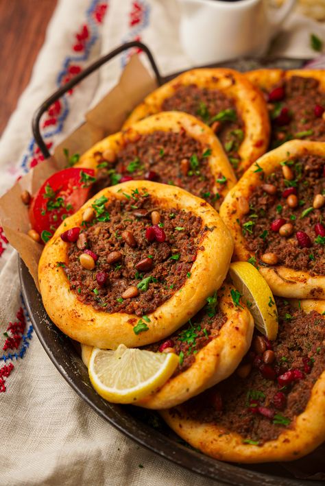 Sfeeha, Middle Eastern Meat Pies Lebanese Sfeeha, Sfeeha Recipe, Arab Dishes, Middle Eastern Recipes Arabic Food, Arabian Recipes, Arabic Dishes, Main Recipes, Middle East Recipes, Spinach Pie