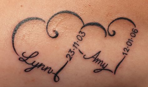 Tattoos With Kids Names For Moms Boys, Heart Tattoo Designs With Names, Tattoo With Kids Names For Moms, Meaningful Tattoos For Moms With Kids, Small Tattoos For Moms With Kids, Tattoo Ideas Kids Names, Tattoo Ideas With Kids Names, Womens Forearm Tattoo Ideas Unique, 2 Kids Tattoo Ideas For Moms