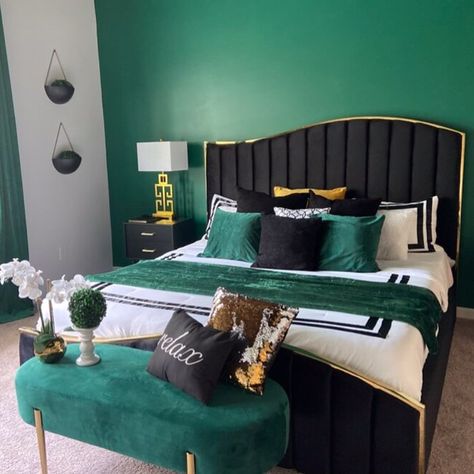 500 Likes, 5 Comments - Coco Furniture Gallery (@cocofurnituregallery) on Instagram: “STUNNING Bed 🤩🤩🤩 No credit?  No problem! Take this beauty home with just $49 Down! Visit us today…” Slytherin Room, Emerald Green Bedrooms, Spring Bedroom Decor, Green Bedroom Walls, Green Bedroom Decor, Furniture Gallery, Gold Bedroom, Green Bedroom, Eclectic Bedroom