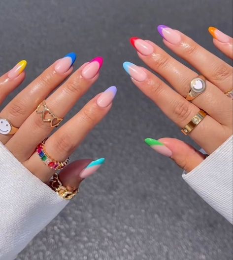 Vibrant French Tip Nails, Trendy Nail Designs 2024 Summer, Fun Festival Nails, Carnaval Nails Design, Multi Colored French Nails, French Tip Colored Nails, Simple Neon Nails, Simple Colorful Nails, Different Color French Tips