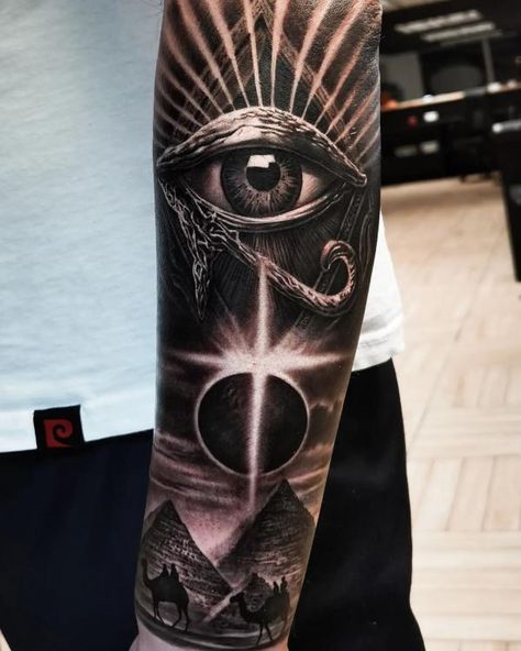 Realistic Eye of horus and Pyramid tattoo Male Sleeve Tattoo Ideas Black, Eye Of Horus Pyramid Tattoo, Egyptian Eye Tattoo Design, Eyes Back Tattoo, Sphinx Tattoo Egyptian, Pyramids Tattoo Design, Eye Of Horus Tattoo Men, Realistic Eye Of Horus, Anubis And Horus Tattoo