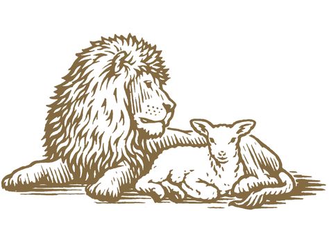 Lion & Lamb illustration agency animals woodcut pen and ink symbol emblem logo illustration Lion And Lamb Illustration, Lion And Lamb Tattoo Women Simple, Lion And Lamb Sketch, Lion Lamb And Dove Tattoo, Lamb And Lion Tattoo, Lion And The Lamb Tattoo For Women, Two Lions Tattoo, Lamb Line Art, Lion And The Lamb Tattoo