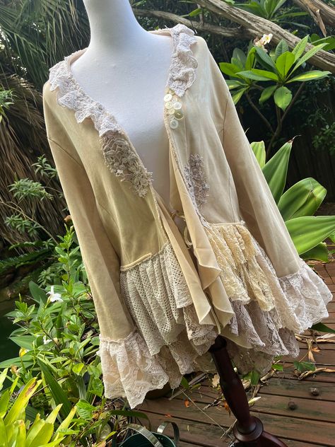 Voluptuous Bohemian shabby chic magnolia pearl inspired tattered jacket artsy embellished upcycled whimsical BohobyDarija Plus Size Shabby Chic Outfits, Boho Event, Recycle Fashion, Chic Jacket, Altered Clothing, Shabby Chic Clothes, Recycled Clothing, Upcycled Clothes, Beige Jacket