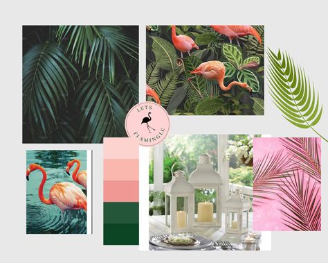 Beautiful green and pink tropical mood board with flamingos, green palms, and cute colors Green Pink And White Mood Board, Pink And Green Mood Board, Tropical Pink Aesthetic, Flamingo Pink Color Palette, Flamingo Mood Board, Proposal Planning, Concept Board, Pink Flamingos, Some Ideas