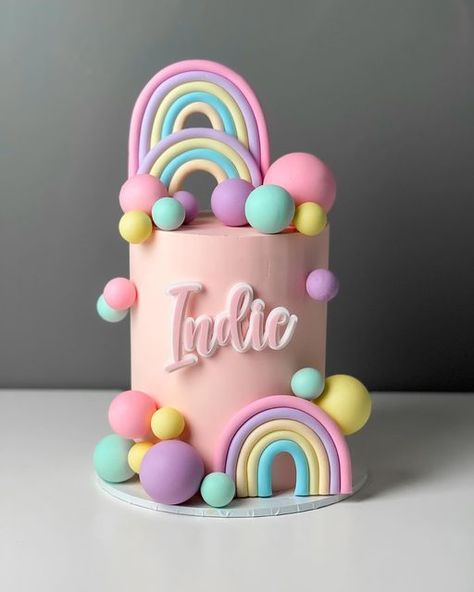 Birthday Cake Rainbow Theme, 1st Birthday Cake Rainbow, Barbie Doll Cake Design, Rainbow Cake Designs, Birthday Dinner Dresses, Rainbow Theme Cake, Doll Cake Design, Pink Birthday Cake Ideas, Barbie Themed Cake