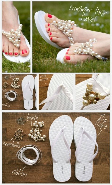 Easy DIY Beaded Flip Flops Pretty Flip Flops, Bridal Flip Flops, Beaded Flip Flops, Decorating Flip Flops, Wedding Flip Flops, Diy Sandals, Diy Slippers, Diy Clothes And Shoes, Bridesmaids And Groomsmen