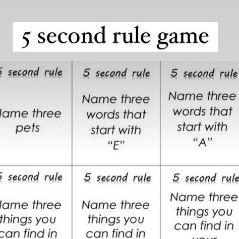 Stephanie Homeschooler on Instagram: "5 Second Rule. Have you played this game? Oh my gosh you are going to love playing this with your kids. The kids have so much fun with it and it is so quick and easy to play in the car, at a restaurant, and every place in between and it is great for critical thinking and cognitive development! Save this post so you have it and tag a friend who would love this! . .. . #homeschool5secondgame #homeschoolgames" 5 Second Game Questions, 5 Second Rule Game Questions, Games To Play In The Car, Drinking Questions, Fun Games To Play With Friends, 5 Second Rule Game, Games To Play With Friends, 5 Second Rule, Homeschool Games