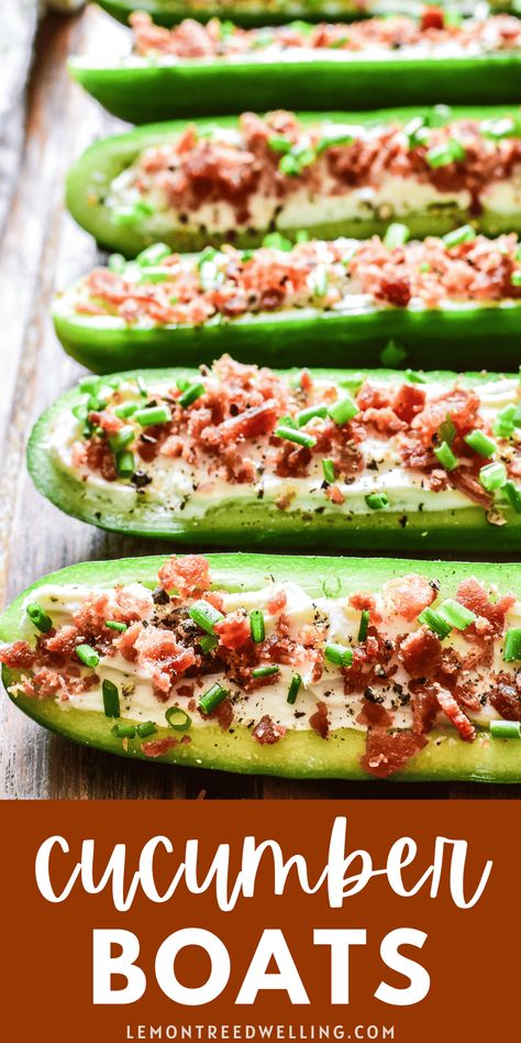 Stuff Cucumber Recipes, Cucumber Boats Stuffed Cucumbers, Stuffed Cucumber Boats, Low Carb Cucumber Sandwiches, Cucumber Bacon Bites, Appetizer With Cucumber, Appetizer Recipes For Diabetics, Cucumber Boats With Cream Cheese, Stuffed Cucumber Recipes