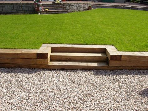 Terraced Patio Ideas, Sleeper Retaining Wall, Sleepers In Garden, Ideas Terraza, Garden Retaining Wall, Raised Patio, Patio Steps, Landscaping Retaining Walls, Back Garden Design