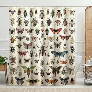 Vintage Bug Pattern Shower Curtain with Hooks Butterfly Moth Nature Classic Retro Biology Beige Polyester Bathroom Accessories Waterproof Home stall Hotel Bathtub Decorative Shower Curtain 62x72inch Shower Curtain For Dark Bathroom, Bug Bathroom Ideas, Bug Themed Bathroom, Cottagecore Shower Curtain, Vintage Shower Curtain Ideas, Art Deco Shower Curtain, Green And Gold Bathroom Decor, Burnt Orange Shower Curtain, Hotel Bathtub