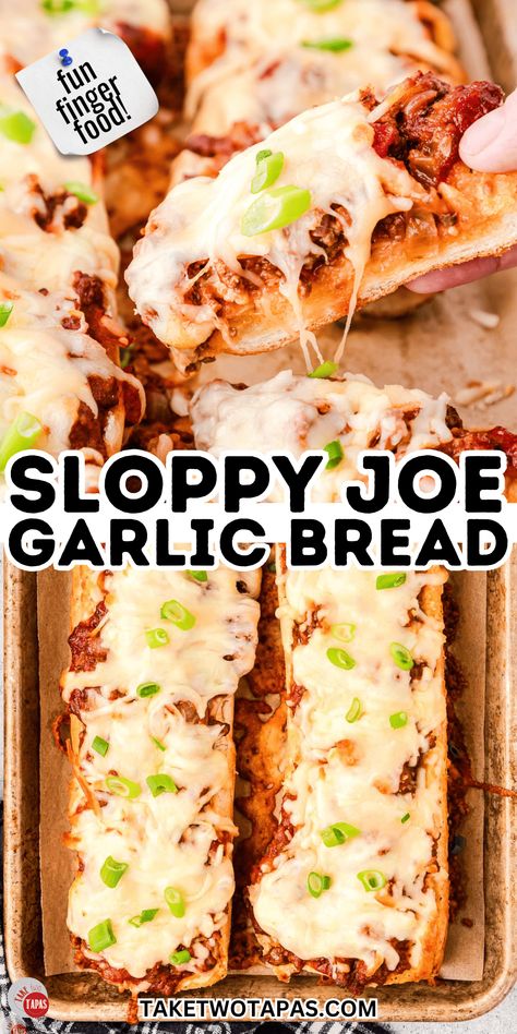 Sloppy Joe Garlic Bread is a fun way to serve sloppy joes to the kids, make a filling after school snack, or a delicious party appetizer that's perfect for those chilly tailgating parties. French Breads, Bread Quick, Garlic Bread Recipe, Sloppy Joe, Sloppy Joes, Ultimate Comfort Food, French Bread, Weeknight Dinners, Garlic Bread