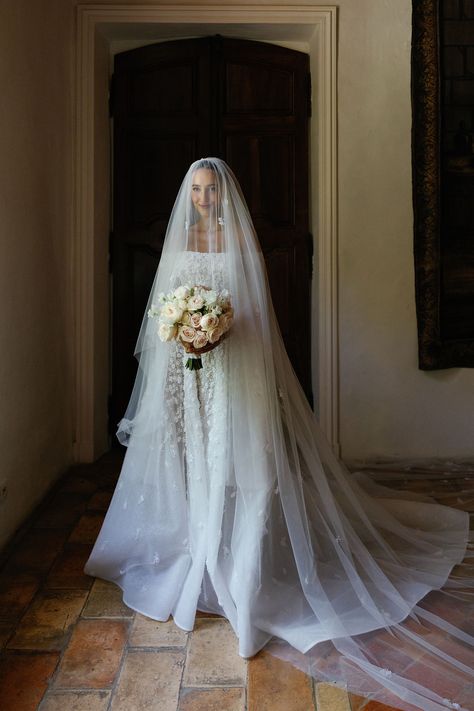 Ethereal French Bride in Timeless Floral Wedding Gown and Cathedral Length Veil   #timelessbride #timelessweddingdress #weddingveil #etherealbride #floralweddingdress Silk Wedding Dress With Cathedral Veil, Ornate Wedding Veil, Ethereal Bridal Gown, Cathedral Wedding Dress Train, Bride Veil Styles, Juliet Wedding Dress, Cathedral Dress, French Bride, Timeless Wedding Gown