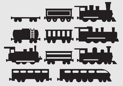 If you're making railroad and train designs you'll need some train silhouettes with different models. Train Clipart, Train Nursery, Tattoo Training, Train Silhouette, Model Training, Train Theme, Model Train Sets, Train Party, Silhouette Clip Art