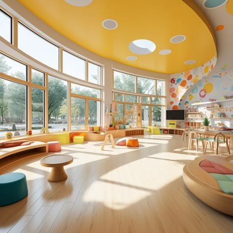 "Step into the inviting interior of a preschool bathed in natural light from expansive straight windows, creating a warm and bright learning environment." School Interior Design Classroom, Preschool Interior Design, Elementary School Design, Learn Interior Design, School Interior, Kids Club, Makkah, Learning Environments, Soft Surroundings