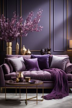 Purple Furniture Living Room, Purple Office Aesthetic, Purple House Interior Ideas, Purple And Gold Aesthetic, Lavender Living Room, Purple Living Room Ideas, Purple Palace, Deco Violet, Purple Living Room