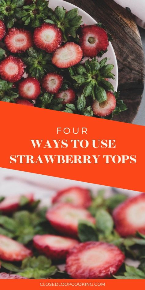 Four Ways to Use Strawberry Tops. Before you compost those strawberry tops, check out these ideas—from smoothies to pesto—for using up those scraps!  Zero Waste How To | Uses for Strawberry Tops | Zero Waste Ideas | #ClosedLoopCooking Strawberry Tops Vinegar, Zero Waste Ideas, Strawberry Infused Water, Strawberry Tops, Strawberry Vinegar, Leftover Strawberries, Cut Strawberries, Canned Food Storage, Fruit Pops