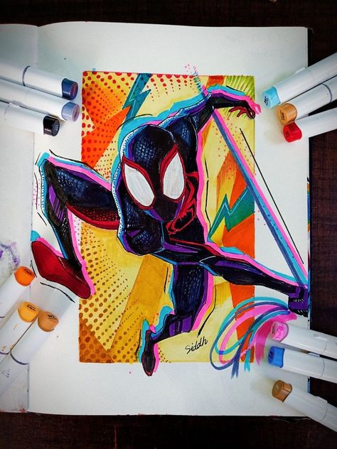 Spiderman Sketches Miles Morales, Spider Man Illustration Art, Marker Art Realistic, Spider Man Into The Spiderverse Sketch, Spiderman Marker Drawing, Spider Man Pop Art, Spider Verse Sketchbook, Spiderman Drawing Miles Morales, Across The Spiderverse Drawing