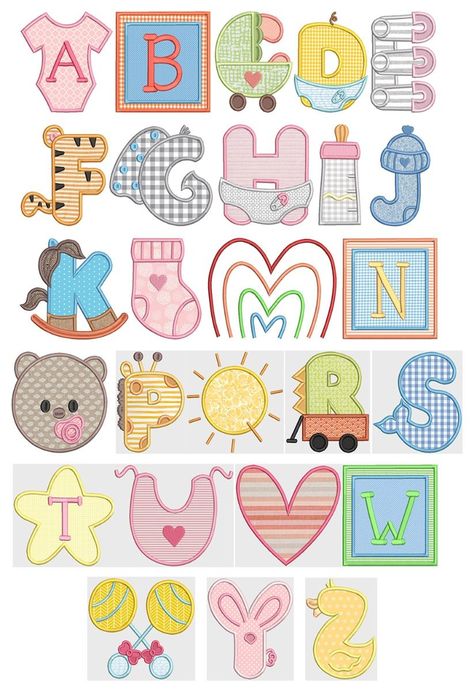 Baby Fever Applique Alpha Patchwork, Baby Fonts Alphabet, Cute Fonts Alphabet, Applique Alphabet, Alphabet Designs, Lettering Styles Alphabet, Hand Lettering Worksheet, Graffiti Lettering Fonts, Lettering Alphabet Fonts