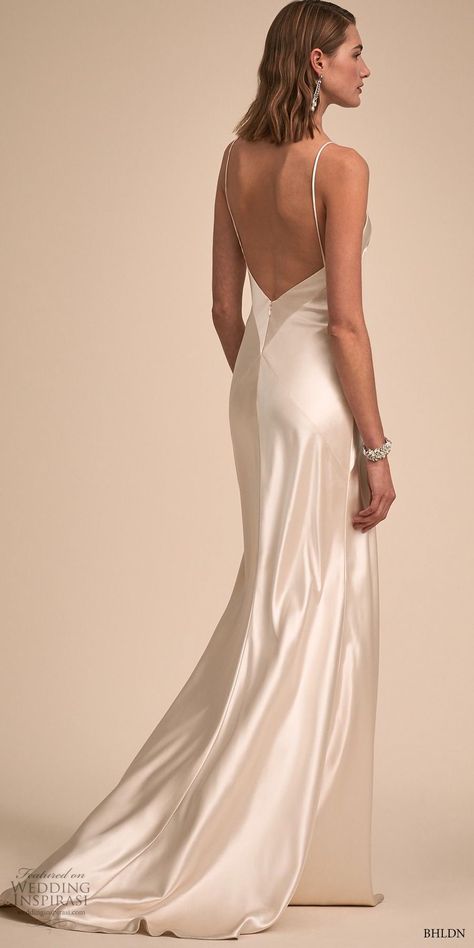 bhldn 2018 bridal sleeveless spaghetti strap diamond neck simple clean elegant art deco sheath wedding dress open back sweep train (15) bv Wedding Dress Silk, Designers Dresses, Wedding Dress Open Back, Slip Wedding Dress, Sheath Wedding, Anthropologie Wedding, Silk Wedding Dress, Dress Open Back, Exclusive Wedding