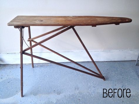 Old Ironing Board Ideas, Tiny Bedside Table, Repurposed Storage, Ironing Board Ideas, Antique Ironing Boards, Wood Ironing Boards, Ironing Board Storage, Diy Ironing Board, Vintage Ironing Boards