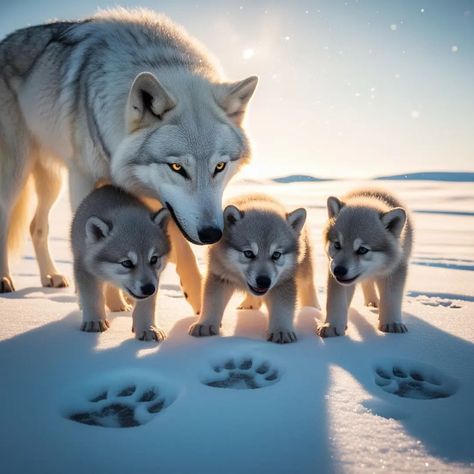 Ultra-high definition, 8K, cinematic iPhone photograph of an arctic wolf mother, with a thick, snow-white coat and piercing yellow eyes, tenderly plays with her three adorable cubs #wolf #wolfmother #Cubs #photooftheday #photography #naturephotography Wolf Cubs, Wolf Family, Wolf Photography, Arctic Wolf, Baby Wolf, Wolf Pictures, Yellow Eyes, White Coat, Nature Animals