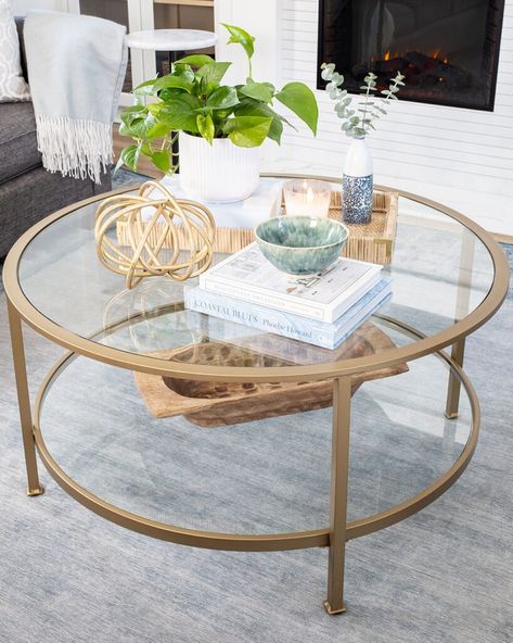 Glass Coffee Table Decor, Round Coffee Table Styling, Round Coffee Table Decor, Small Round Coffee Table, Round Living Room Table, Coffee Table Arrangements, Coffee Table Decor Living Room, Circle Coffee Tables, Round Table Decor