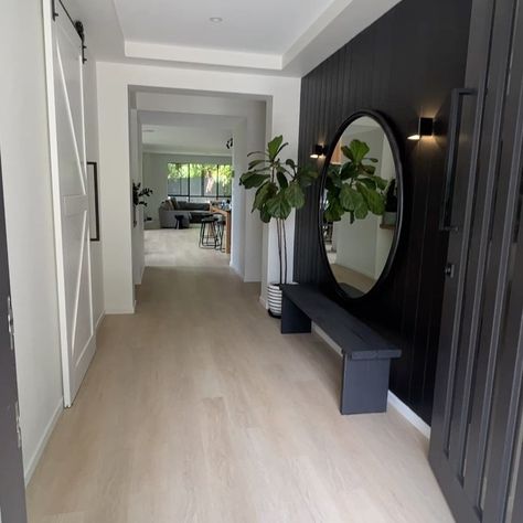 Entry Way Large Mirror, Entryway Ideas With Full Length Mirror, Bench In Front Of Floor Mirror, Large Entry Way Mirror Ideas, Bench In Front Of Mirror, Entry Bench And Mirror, Long Entryway Ideas With Bench, Large Hallway Mirror, Entry Bench With Mirror