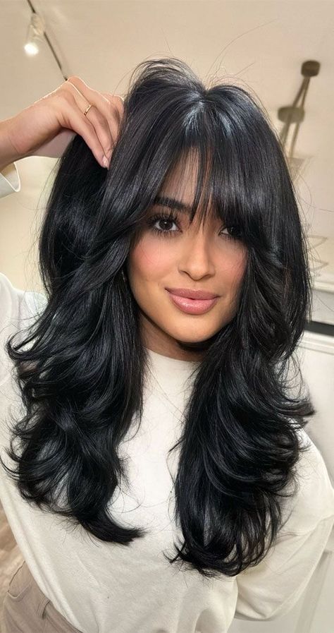 Long Haircut Styles With Bangs, Long Black Hair With Layers, Timeless Hair, Haircuts For Long Hair With Layers, Butterfly Cut, Layered Hair With Bangs, Rich Brunette, Layered Haircuts For Medium Hair, Hairstyles For Layered Hair